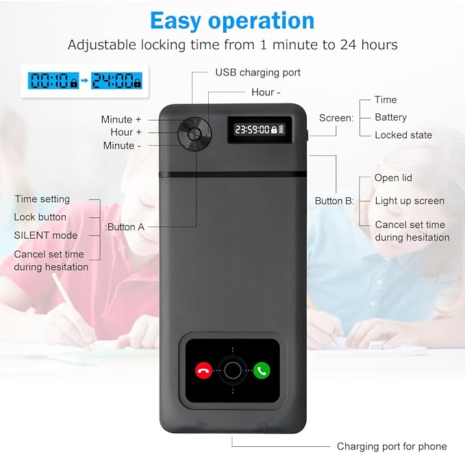 Phone Lock Box with TimerPhone Lock Box90 Days of Continuous UseQuiet Mode2 Charging PortsExcessive GamesMobile Phone Addiction