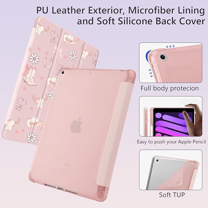 Cute Western Cowgirl Bow for iPad 7th/8th/9th Generation Case with Pencil Holder Auto Sleep/Wake Pink Leather Soft TPU Back Cover for iPad 10.2 Inch 2019/2020/2021