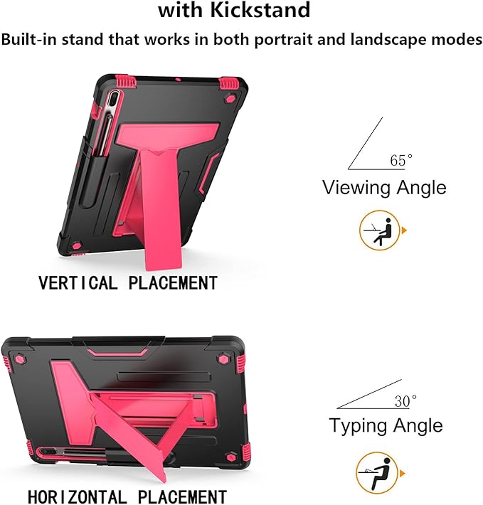 for Samsung Galaxy Tab S7 FE 5G/S8 Plus/S7 Plus Case 12.4 Heavy Duty Protective Rugged Stand Shockproof Kickstand Hybrid Cover for Galaxy Tab S7 FE 2021/S8+ 2022/S7+ 2020 Black &amp Rose Red