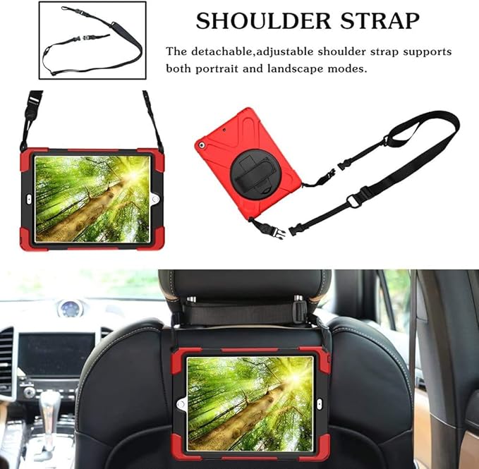 iPad Air 1474 Case 2013 | TSQ iPad Air Case 1st Generation Shock Dropproof Plastic Bumper Rubber Hard Cover w/Rotating Stand Handle Grip Shoulder Strap for Kids Clildren for Apple iPad Air 1 Red