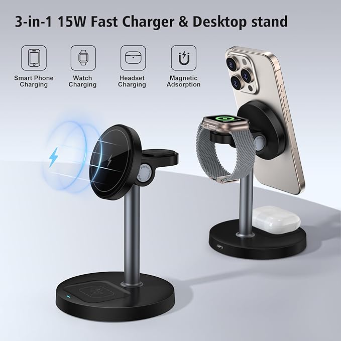 3 in 1 Wireless Charging Station for Multiple Devices 15W Fast Magnetic Wireless Charger Stand with Adjustable Angle Compatible with iPhone12-16 Series Apple Watch AirPods - Gifts for Men &ampWom