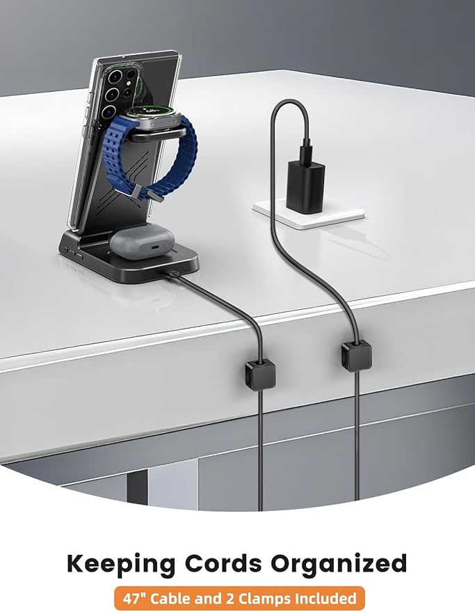 Wireless Charger Samsung Charging Station: 3 in 1 Android Charging Stand with Dimmable Clock - Nightstand Organizer for Galaxy S25 Ultra S24 Galaxy Watch 8 7 6 5 4 Galaxy Buds Space-Saving Charger