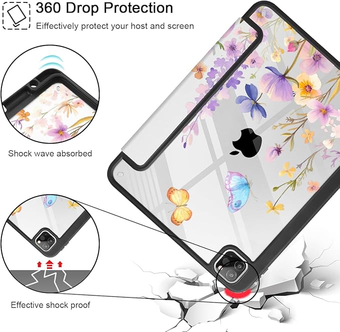 Tuiklol for iPad Pro 11 Inch Case M2 2022 Generation 4th -Built-in Pencil Holder Shockproof Cover Clear Transparent Back Shell Fit for iPad 11’’ 2021 2020 2018 Gen 3rd/2nd/1st for Kid Purple Flower