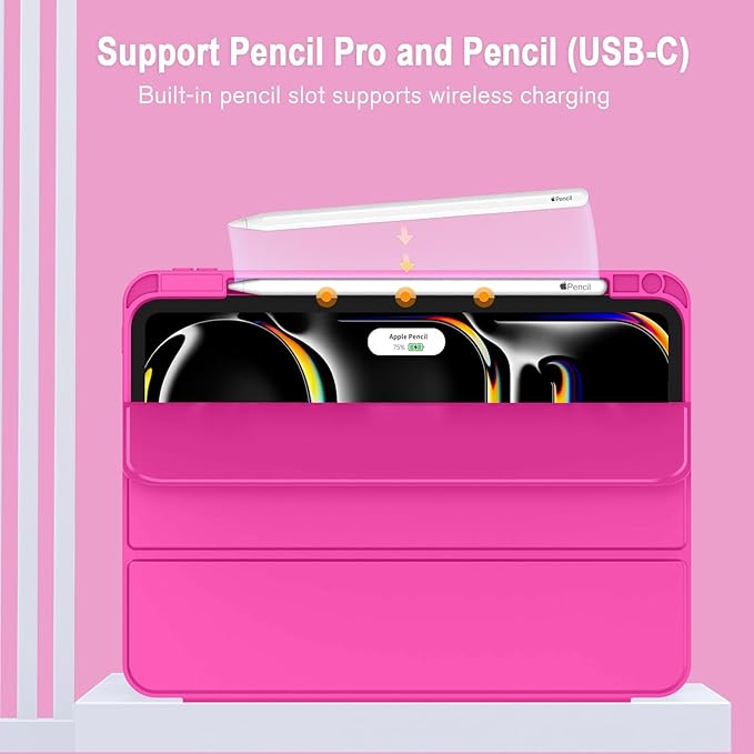ZryXal New iPad Pro 13 Inch Case (M5) 2025 / (M4) 2024 with Pencil Holder Smart iPad Case [Support Pencil Pro and Pencil (USB-C)] Support Touch ID and Auto Wake/Sleep (Rose Red)