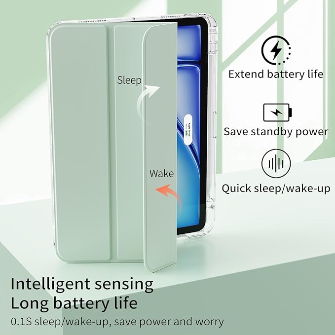 Case for iPad Air 11 inch M4/M3/M2 (2026/2025/2024) &amp iPad Air 5/4th Generation (2022/2020) 10.9 inch 2-in-1 Removable Hard PC Transparent Back with Pencil Holder Auto Sleep/Wake Light Green