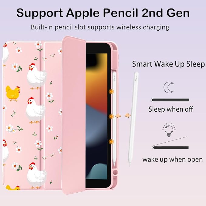 Cute Kawaii Chicken Flower for iPad Air 11 Inch Case 7th/6th Generation (M3/M2) 2025/2024 with Pencil Holder Auto Sleep/Wake Pink Leather Clear Acrylic Back Cover