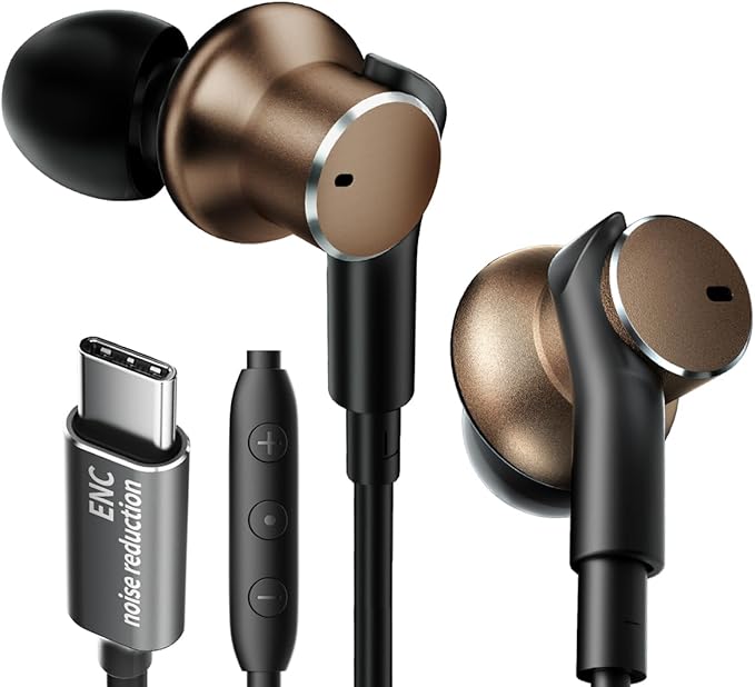 Dynamic Balanced Deep Bass in-Ear Headphones -Noise Cancelling Wired Earbuds with Dual-Driver Bass Boost Ear Bud Noise Isolation-Clear Call and High-Resolution AudioNoise Cancellation (USB C)