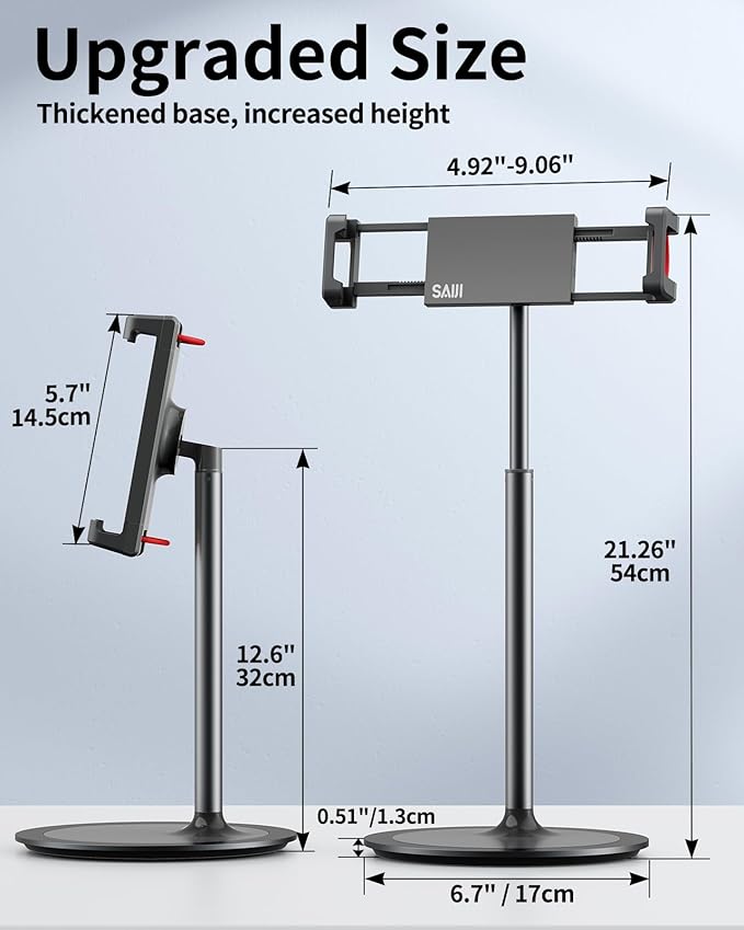 SAIJI Tablet Stand Holder Extra-Height Adjustable Kindle Stand 360 Degree Rotating iPad Holder Aluminum Alloy Cradle Mount Dock for 4.7-15.6 iPhone Samsung Tablets Portable Monitor (Black)