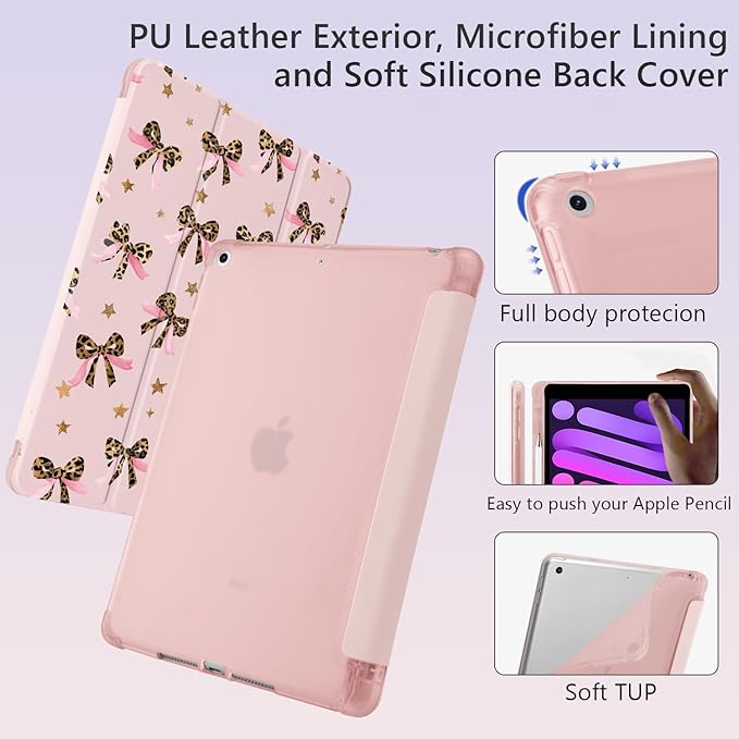 Cute Ribbon Bow Star for iPad 5th/6th Generation Case with Pencil Holder Auto Sleep/Wake Pink Leather Soft TPU Back Cover for iPad 9.7 Inch
