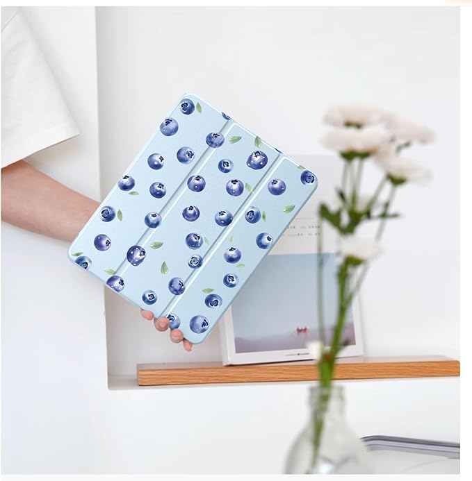 Cute Blueberry for iPad (A16) 11th Generation Case 11 Inch 2025 for iPad 10th Gen Case 10.9 Inch 2022 with Pencil Holder Auto Sleep/Wake Blue Leather Clear Acrylic Back Cover