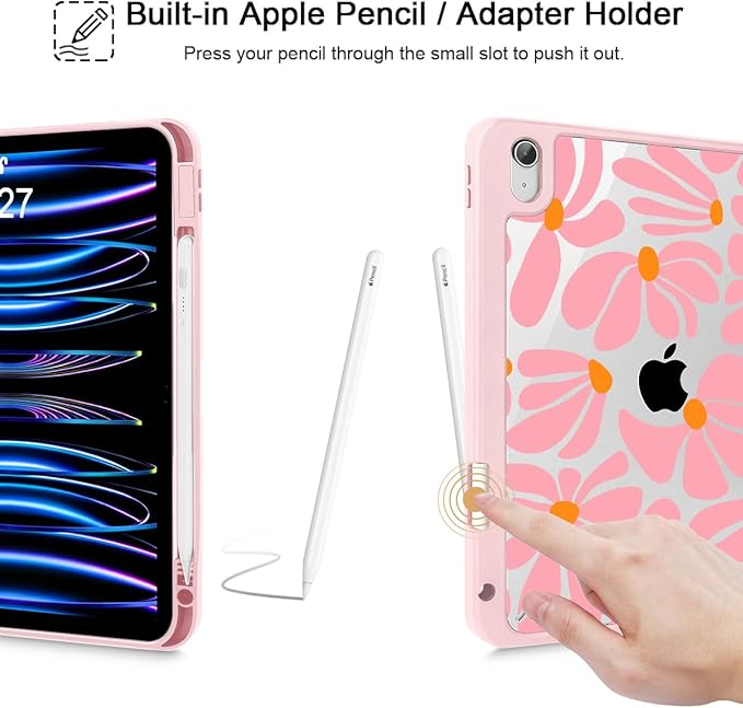 May Chen for iPad (A16) 11th Generation Case 11 Inch 2025 iPad 10th Gen Case 2022 10.9 inch Built-in Pencil Holder with Shockproof Cover Clear Transparent Back Shell Auto Wake/Sleep Groovy Flower
