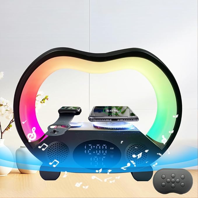 IHAO 6in1 Wireless Charging Station with Bluetooth Speaker Time&ampTemperature Display Alarm Clock 7-Color LED Night Lights Fast Charger for Phone Apple Watch Earbuds Remote Control Auto Shutoff-Wh