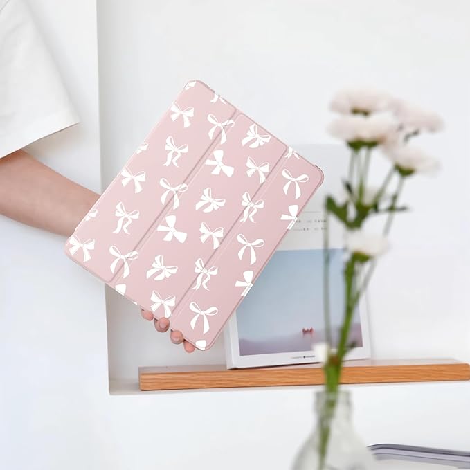 Cute Kawaii Bow for iPad Pro 11 Inch Case (M5/M4) 2025/2024 with Pencil Holder Auto Sleep/Wake Pink Leather Soft TPU Back Cover