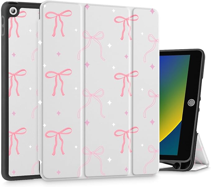 Tuiklol Case for iPad 10.2 Inch 2021 2020 2018 Release 9th / 8th / 7th Generation Built-in Pencil Holder TPU Protective Stand Back Cover Trifold Stand-Auto Wake/Sleep Pink White Bows