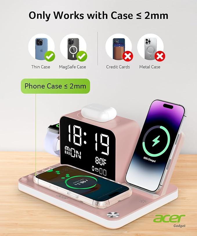 Acer 7-in-1 Wireless Charging Station with LED Clock - 30W Fast Wireless Charger for iPhone 16/15/14/13/12/Pro Max Apple Watch AirPods - Bluetooth Auto Time Sync &amp Night Lights (Pink)