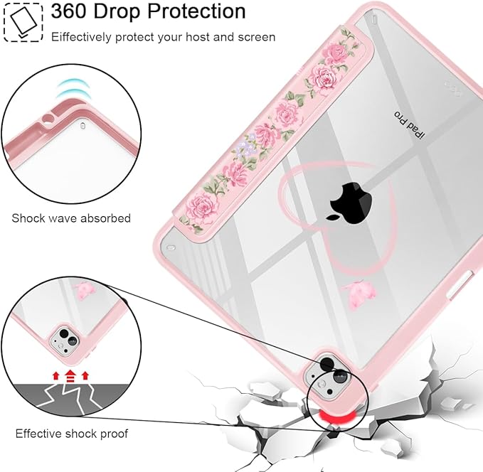 May Chen Case for iPad Pro 11-Inch M5/M4 2025/2024 (6th/5th Generation) [Penceil Holder] Trifold Stand Auto Wake/Sleep Clear TPU Protection Back Cover Bow &amp Rose Flower