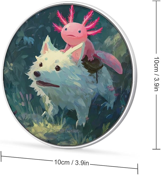 Axolotl Riding Wolf Fast Portable Charger 10W Funny Graphic Phone Charging Pad with USB Cable