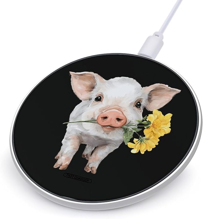 Pigs Holding Yellow Flower Phone Charger Magnetic Charging Pad Anti-Slip with USB Cable