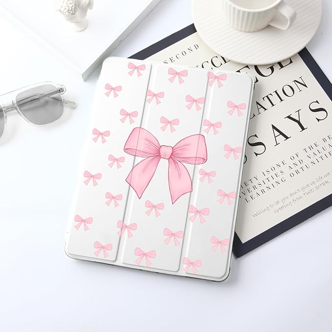 JOYLAND for iPad 10th Generation Case 10.9 inch 2022/iPad (A16) 11th Gen 11 Inch 2025 with Pencil Holder-Auto Wake/SleepPink Bow Pattern Anti-Scratch Shockproof Premium Folio Stand CaseWhite
