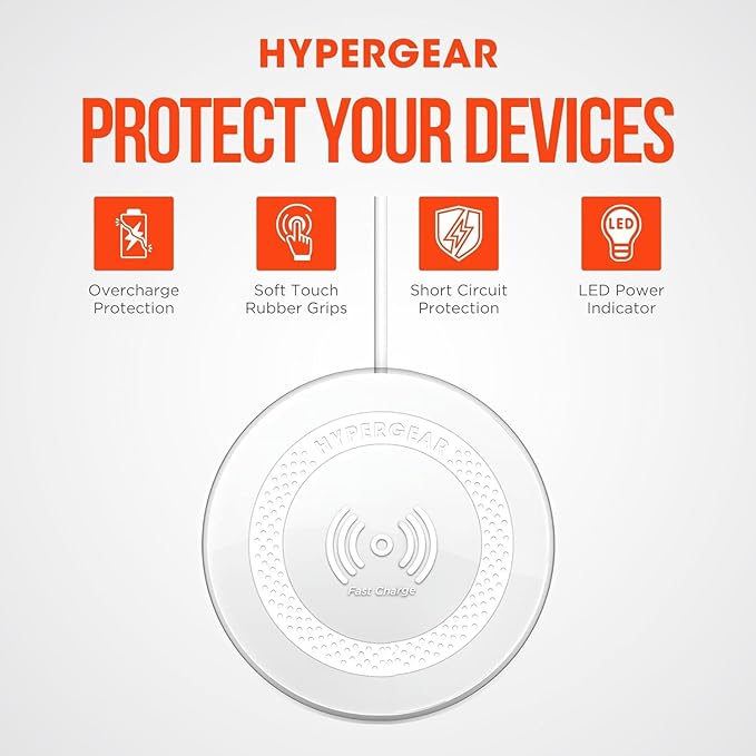 Fast Wireless Charger HyperGear Wireless Cell Phone Charging Pad w/LED Power Indicator [Charges on Contact] Universal Compatibility for iPhone 14/13/12/Pro Max/Pro Galaxy S23/S22 &amp More [White]1