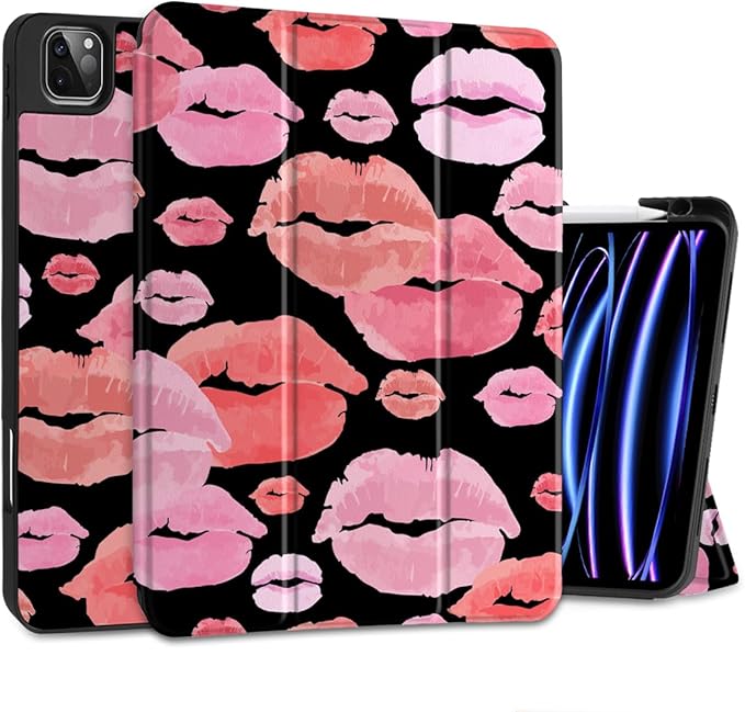 MEEgoodo for iPad Pro 12.9 Case M2 6th/5th/4th/3rd Generation 2022 2021 2020 2018 with Pencil Holder Tablet Cover with Soft TPU Back Shell Red &amp Pink Lips
