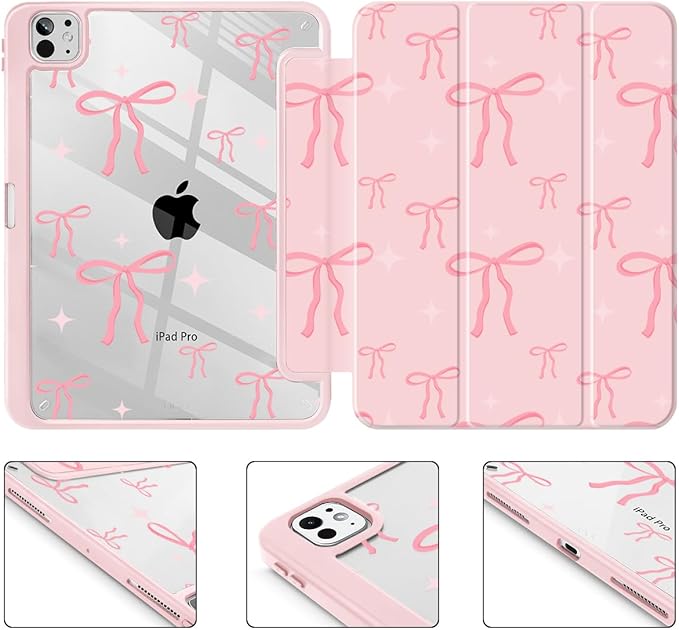 May Chen Case for iPad Pro 11-Inch M5/M4 2025/2024 (6th/5th Generation) Clear Transparent Print Back Shell Slim Stand Shockproof Tablet Cover Auto Wake/Sleep Pink Bows P721