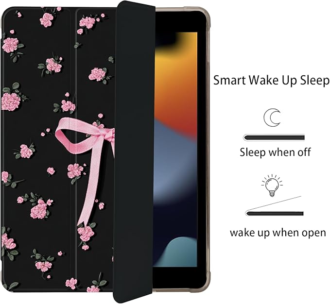 Cute Pink Bow Floral for iPad 7th/8th/9th Generation Case with Pencil Holder Auto Sleep/Wake Black Leather Soft TPU Back Cover for iPad 10.2 Inch 2019/2020/2021