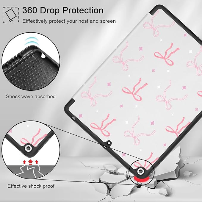 Tuiklol Case for iPad 10.2 Inch 2021 2020 2018 Release 9th / 8th / 7th Generation Built-in Pencil Holder TPU Protective Stand Back Cover Trifold Stand-Auto Wake/Sleep Pink White Bows