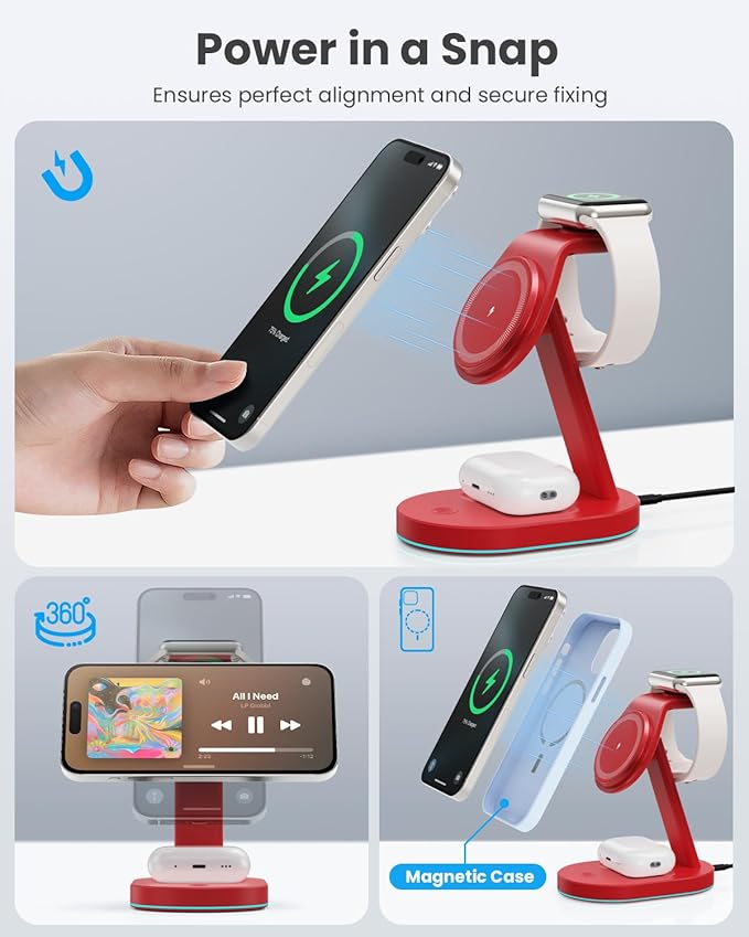 3 in 1 Wireless Charger Charging Station for iPhoneQi2 Certified 15W Magnetic Charging Stand for Mag-Safe with 30W USB C Adapter&ampFriendly Night Light for iPhone 16/15/14/13/12Apple WatchAirPods