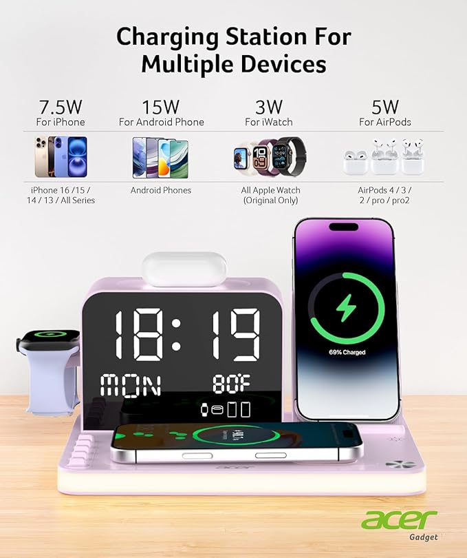 Acer 7-in-1 Wireless Charging Station with LED Clock - 30W Fast Wireless Charger for iPhone 16/15/14/13/12/Pro Max Apple Watch AirPods - Bluetooth Auto Time Sync &amp Night Lights (Purple)