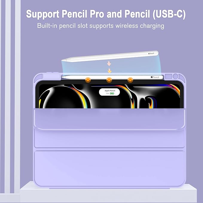 ZryXal New iPad Pro 13 Inch Case (M5) 2025 / (M4) 2024 with Pencil Holder Smart iPad Case [Support Pencil Pro and Pencil (USB-C)] Support Touch ID and Auto Wake/Sleep (Light Purple)