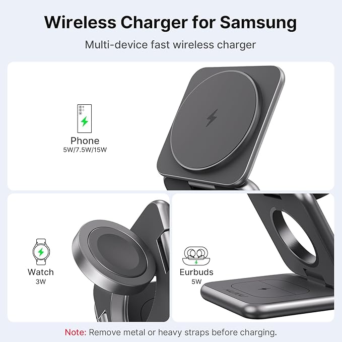 KU XIU Wireless Charger for SamsungAluminum Alloy Foldable 3 in 1 Wireless Charging Station for Samsung Galaxy S25 Ultra S24 S23 S22 Note Z Fold 7 Flip/Buds for Galaxy Watch Ultra 8 7 6 5 4