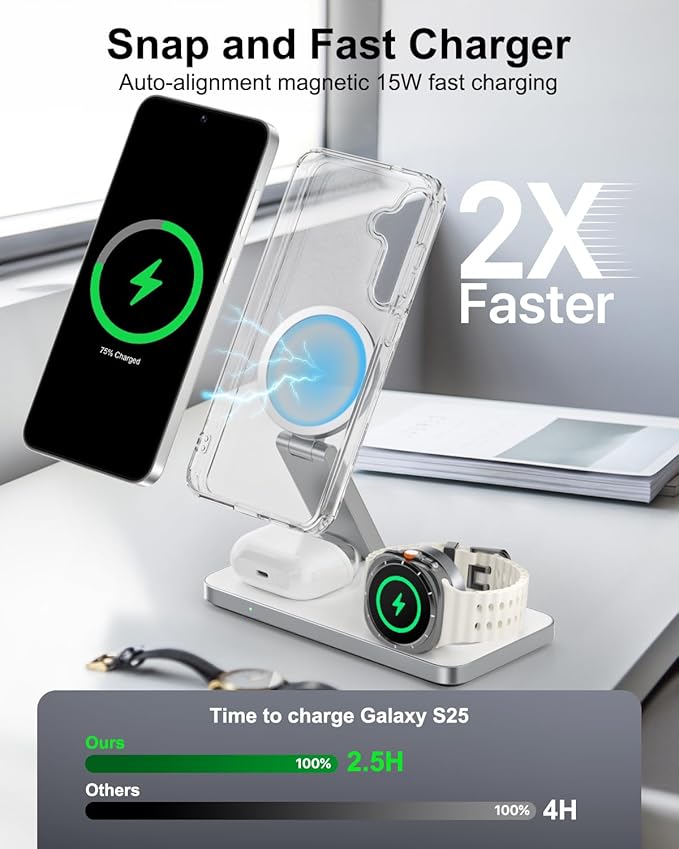 3-in-1 Charging Station for Samsung Magnetic Fast Wireless Charger Stand Compatible with MagSafe for Galaxy S26/S25/S24/S23/Z Fold/Flip Series Galaxy Watch Ultra/8/7/6/5 Galaxy Buds Pro/4//3/2