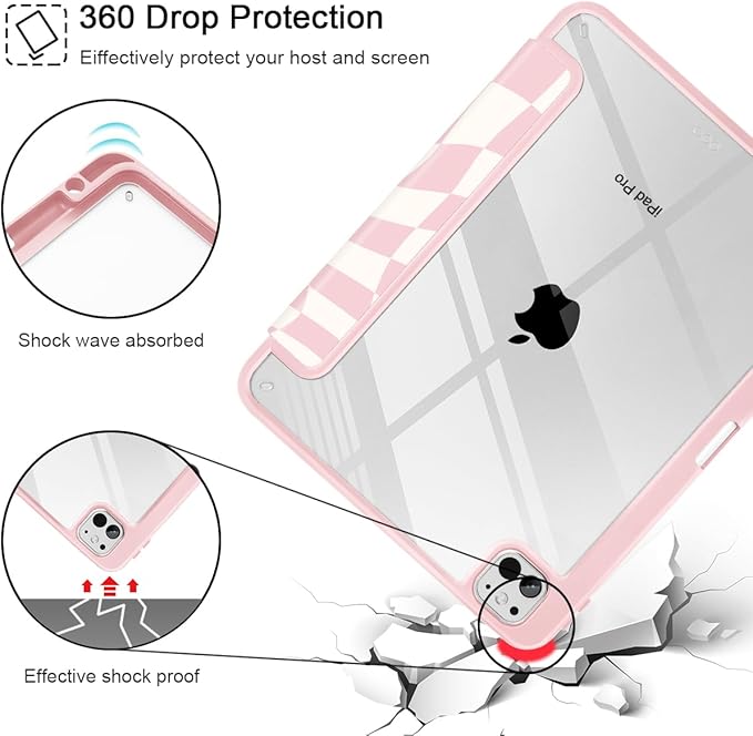 Mektron Case for M5/ M4 iPad Pro 11 inch 2025/2024 with Pencil Holder Compatible Models: A3357/A3358/A3359/A2836/A2837/A3006 Shockproof Cover Clear Shell Wave Striped-Pink
