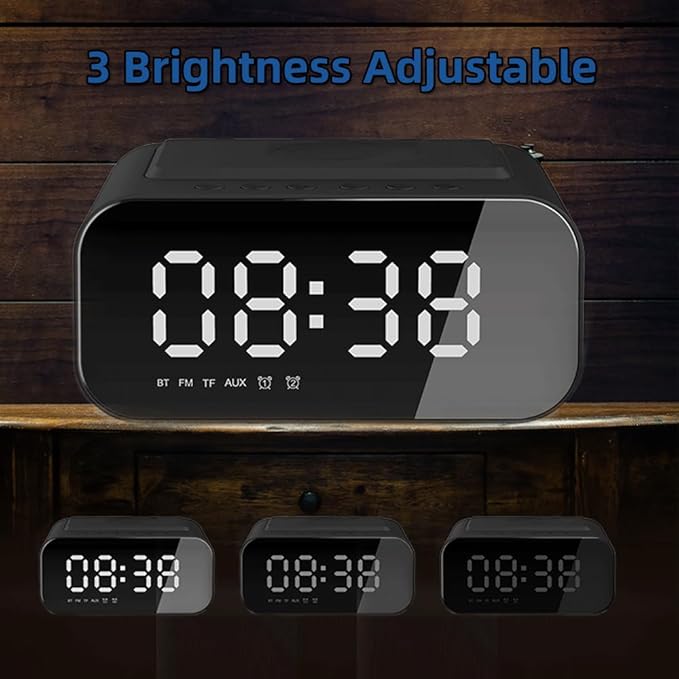 IHAO 7in1 Multifunctional Digital Alarm Clock with 15W Fast Wireless Charger Bluetooth Speaker LED Display Clock FM Radio TF Card AUX Input USB Port Dual Alarm for Bedroom and Office-BT510 Black