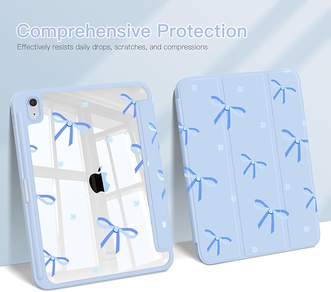 Teryeefi Case for iPad (A16) 11 inch 2025 &amp 10.9'' iPad 10th Generation 2022 3D Pattern Slim Lightweight Protective Cover with Stand Auto Wake/Sleep Function Clear PC +TPU Back Shell Blue Bow