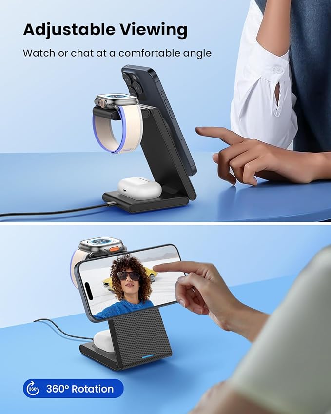 3 in 1 Wireless Charging Station Foldable Magnetic Wireless Charger Stand for Multiple Devices Wireless Charger for iPhone 16/15/14/13/12 Apple Watch 9/8/7/6/SE/5/4/3/2 AirPods 3/2/Pro