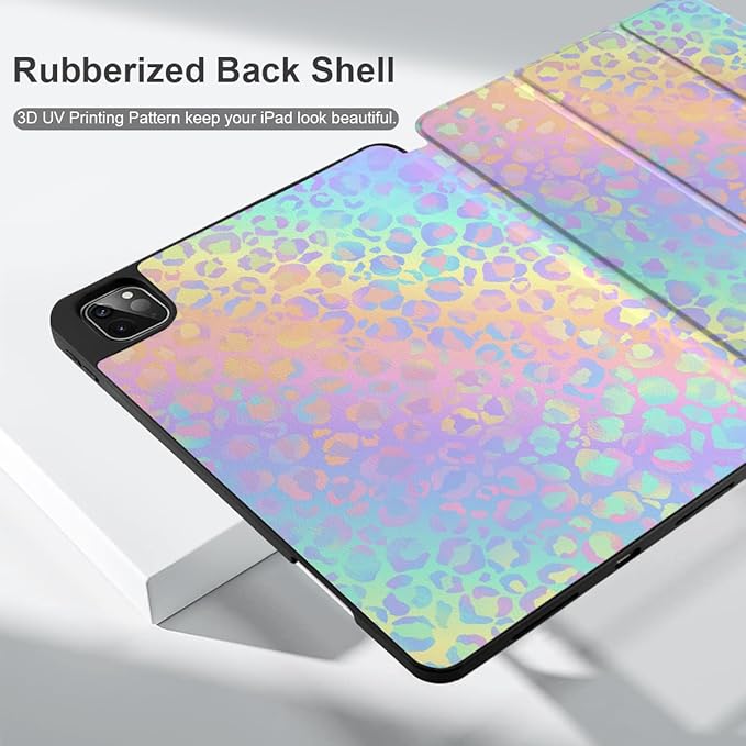 DONGKE Case for 2022/2021/2020/2018 iPad Pro 11 inch Gen 4/3/2/1 - Slim Protective Case - Built in Pencil Holder Support Charging - Trifold Stand &amp Sleep/Wake Cover - Colorful Leopard