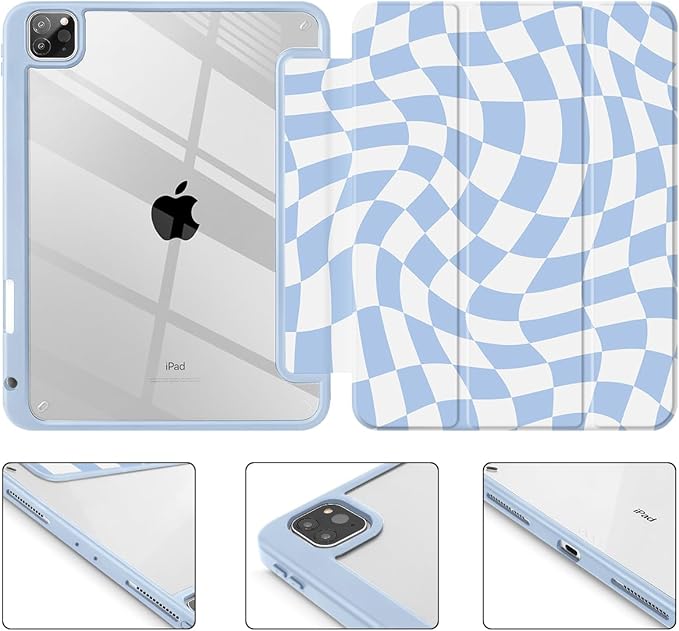 Mektron Case for iPad Pro 11 inch Case M2 2022 Generation 4th Fit 2021 2020 2018 iPad Pro 11 (3rd 2nd &amp 1st Gen) -Buit in Pencil Holder with Shockproof Cover Clear Shell Wave Striped-Blue