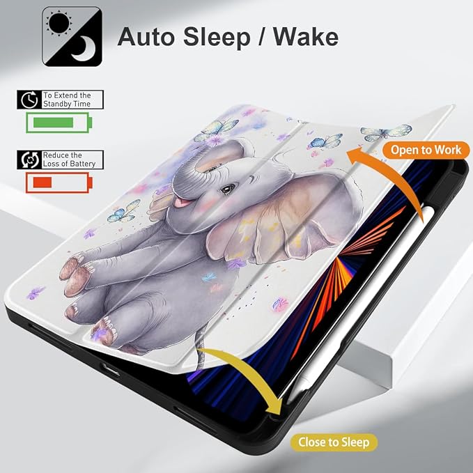 DONGKE Case for 2022/2021/2020/2018 iPad Pro 11 inch Gen 4/3/2/1 - Slim Protective Case - Built in Pencil Holder Support Charging - Trifold Stand &amp Sleep/Wake Cover - Elephant &amp Butterflies