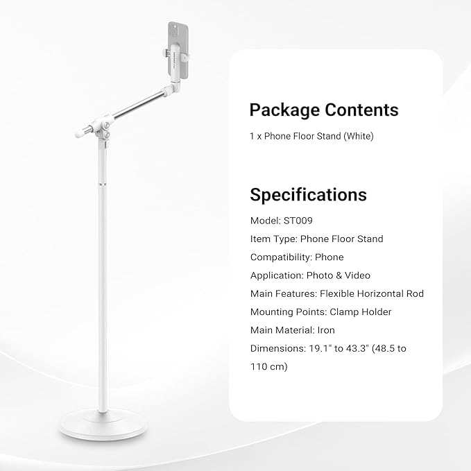 NEEWER Basics Phone Floor Stand with Horizontal Extension Arm Adjustable Cell Phone Holder Clamp Mount Compatible with iPhone Samsung for Video Recording Bed Lying Down Weighted Base ST009 White