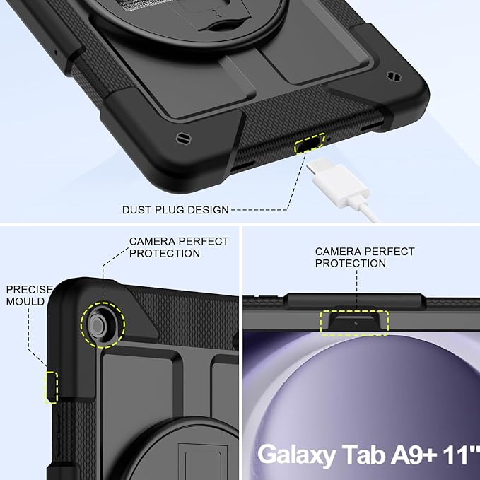 BMOUO for Samsung Galaxy Tab A9+ Plus Case 11 2023 (SM-X210/X216/X218) Shockproof Galaxy Tab A9 Plus Case with Rotating Stand and Hand/Shoulder Strap Black