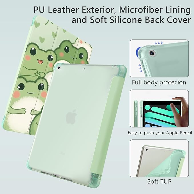 Kawaii Cute Frog for iPad 5th/6th Generation Case with Pencil Holder Auto Sleep/Wake Green Leather Soft TPU Back Cover for iPad 9.7 Inch