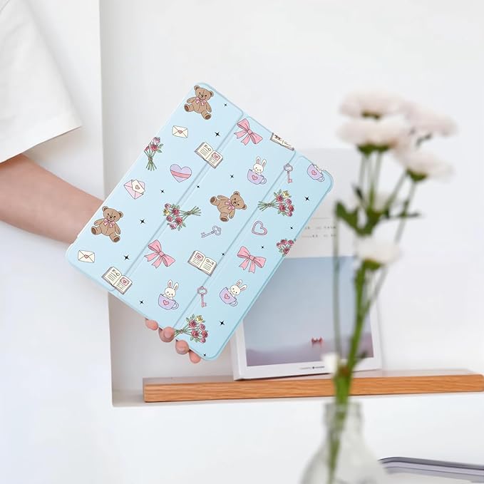 Cute Kawaii Bear Bunny Bow for iPad Pro 11 Inch Case 4th/3rd/2nd Generation 2022/2021/2020 with Pencil Holder Auto Sleep/Wake Blue Leather Soft TPU Back Cover