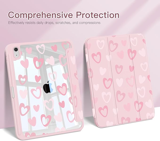 Teryeefi Clear Case for iPad (A16) 11th Generation 11 Inch 2025 Release for iPad 10th Generation 10.9 Inch 2022 Protective Shell with Pencil Holder Soft TPU+Crystal Hard Back Cover-Cute Heart