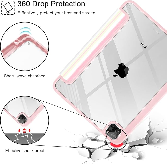 Mektron Case for iPad Pro 11 inch Case M2 2022 Generation 4th Fit 2021 2020 2018 iPad Pro 11 (3rd 2nd &amp 1st Gen) -Buit in Pencil Holder with Shockproof Cover Clear Shell Pink Striped