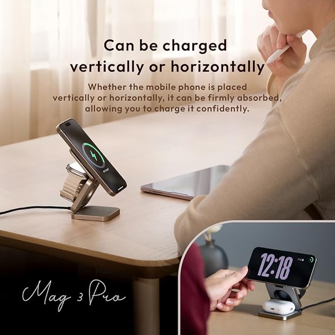 ADAM elements Mag 3 Pro Qi2 3-in-1 Foldable Travel Charging Station 15W Fast Wireless Charger for iPhone 17 16 15 14 13 12 Apple Watch &amp AirPods Compact Magnetic Dock for Desk &amp Travel (Gra
