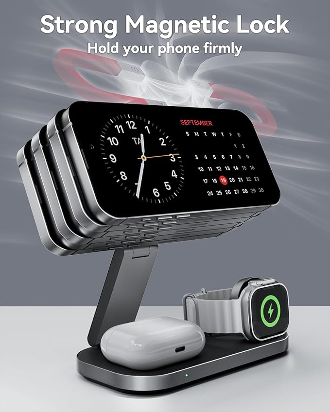3-in-1 Charging Station for Apple Device Qi2 25W Certified Magnetic Wireless Foldable Fast Charger Stand Compatible with MagSafe for iPhone 17e/17/16/15/14/13/12/Air Series Apple Watch &amp AirPods
