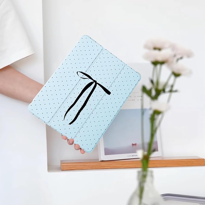 Cute Polka Dot Ribbon Bow for iPad Pro 12.9 Inch Case 5th/6th Generation 2022/2021/2020 with Pencil Holder Auto Sleep/Wake Blue Leather Soft TPU Back Cover