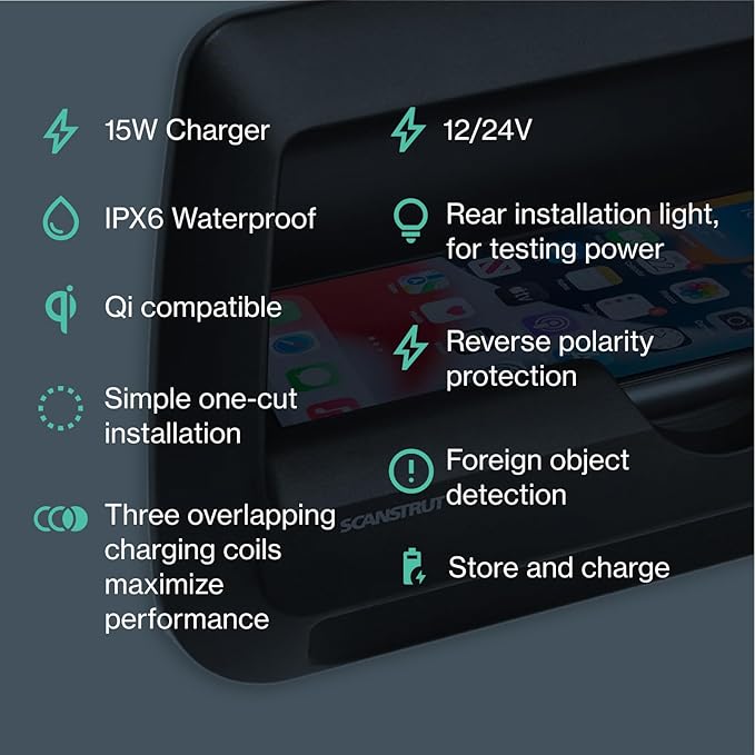 Scanstrut SC-CW-09GT Waterproof Wireless Charger - Cove 3 Coil 15W Phone Charging Pocket 12/24V
